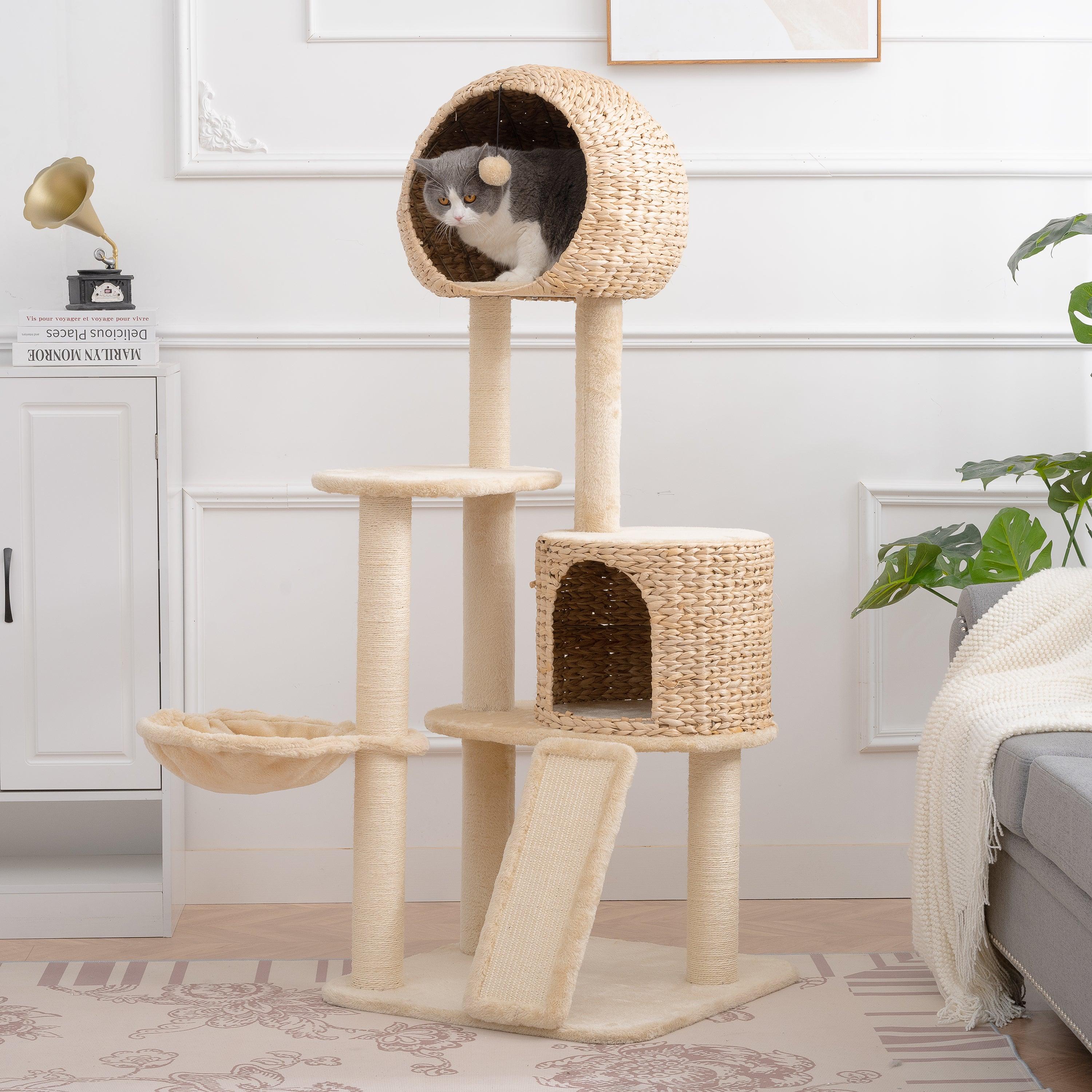 Cat Tree, 59-Inch Cat Tower for Indoor Cats, Plush Multi-Level Cat Condo with 2 Perches, 2 Caves, Cozy Basket and Scratching Board, Beige LamCham