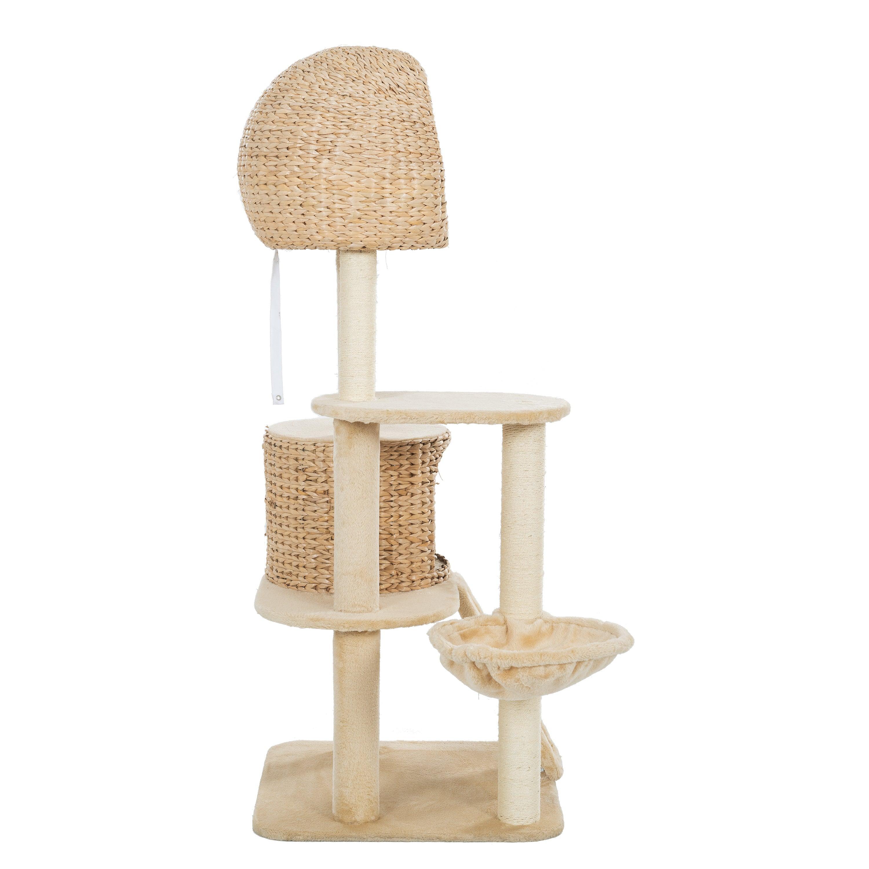 Cat Tree, 59-Inch Cat Tower for Indoor Cats, Plush Multi-Level Cat Condo with 2 Perches, 2 Caves, Cozy Basket and Scratching Board, Beige LamCham