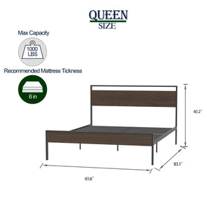 Ceres Metal Bed, Black with Walnut Wood Headboard & Footboard, Queen LamCham