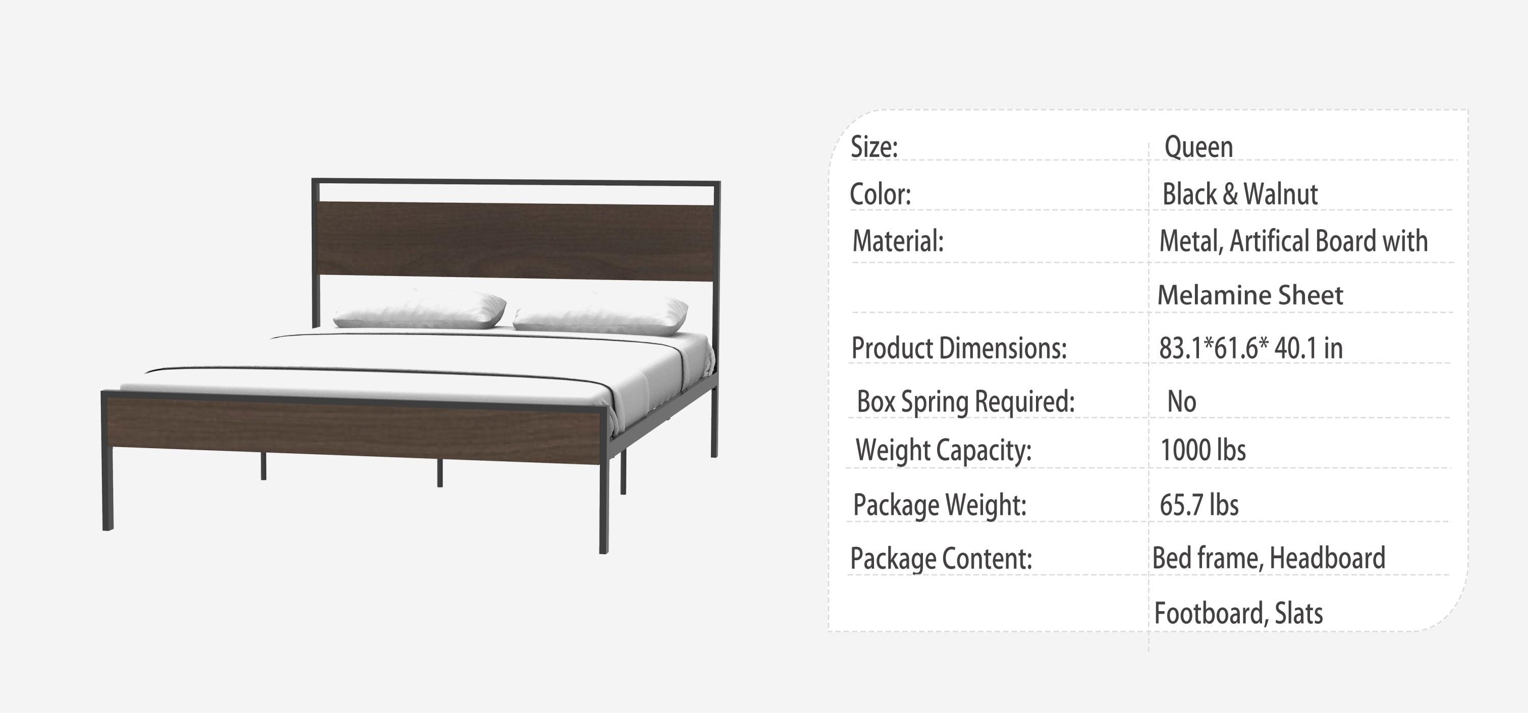 Ceres Metal Bed, Black with Walnut Wood Headboard & Footboard, Queen LamCham