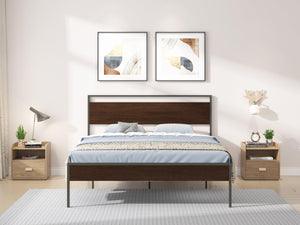 Ceres Metal Bed, Black with Walnut Wood Headboard & Footboard, Queen LamCham