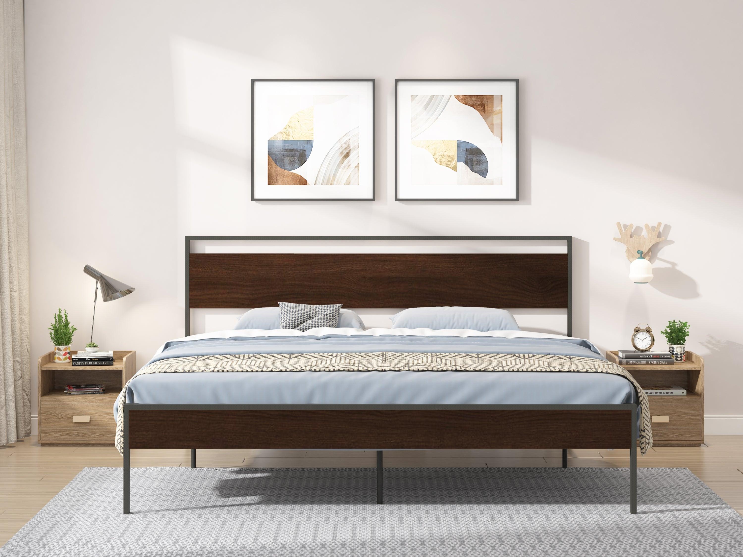 Ceres Metal Bed, Black with Walnut wood Headboard & Footboard, King LamCham