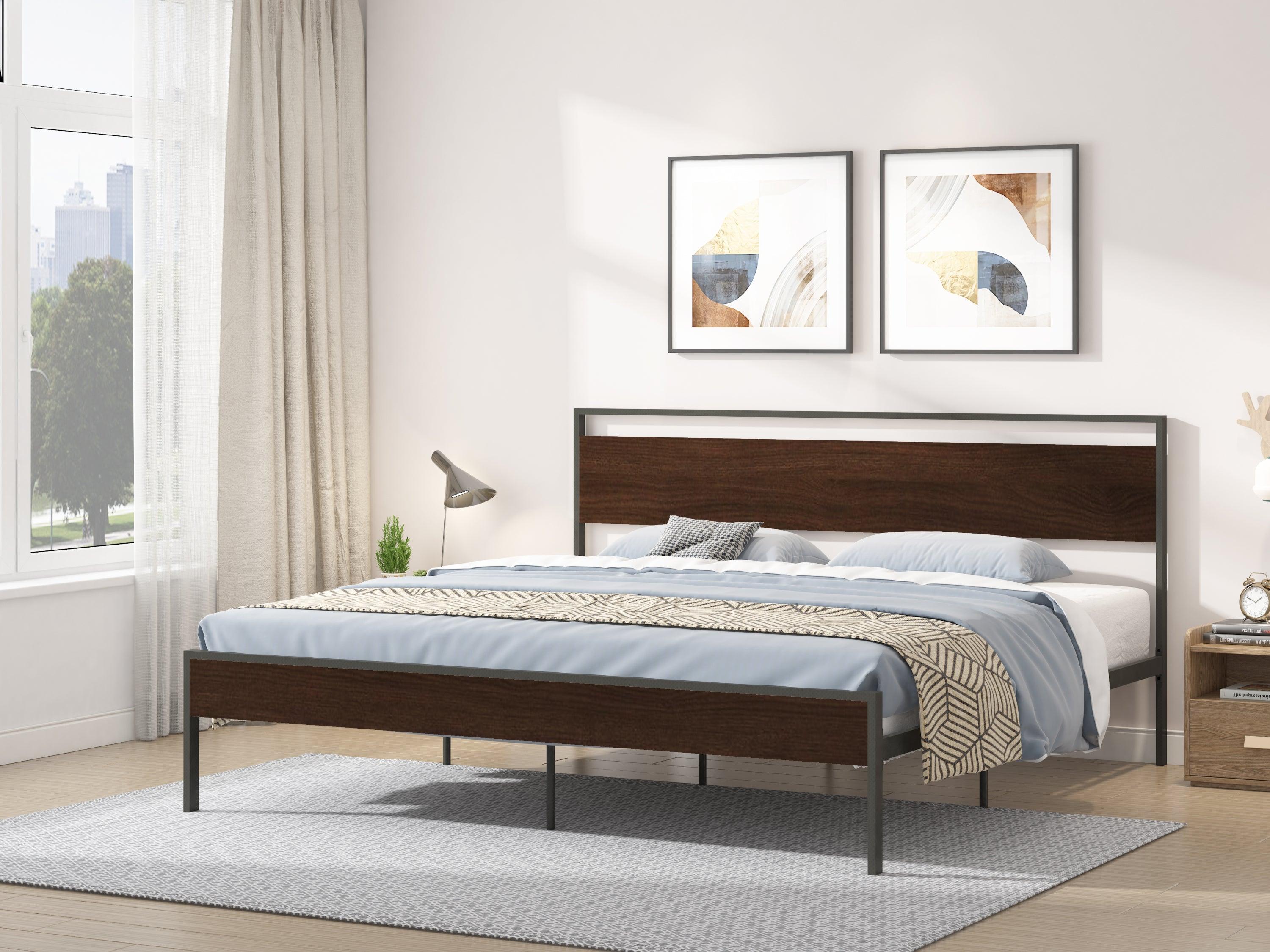 Ceres Metal Bed, Black with Walnut wood Headboard & Footboard, King LamCham