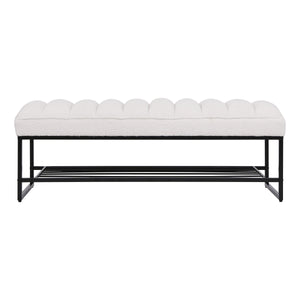 Channel Tufted Bench with Metal Shelf White Sherpa Upholstered Benches End of Bed Ottoman for Bedroom, Living Room, Entryway (White) LamCham
