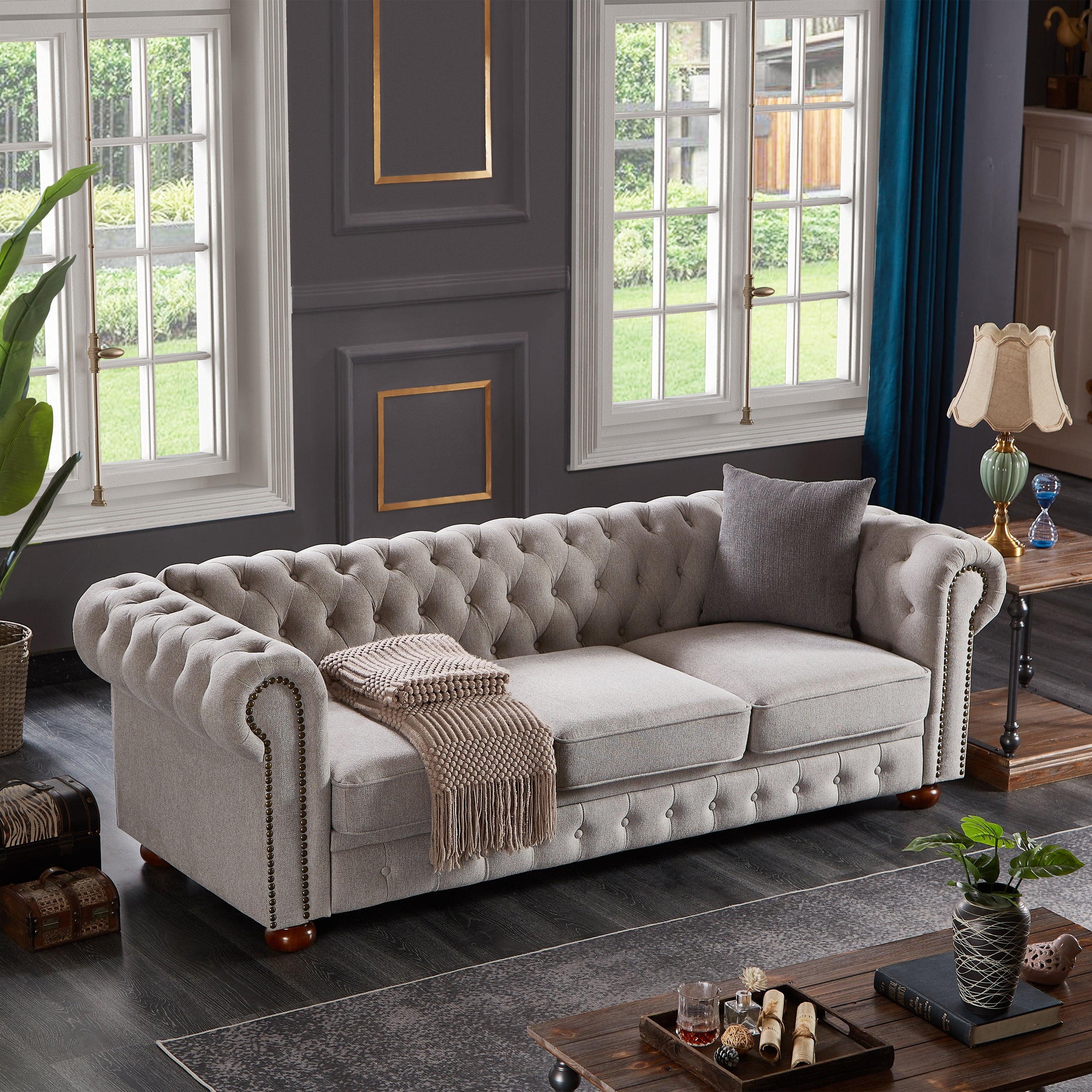 Chesterfield sofa in linen fabric (Light Grey) LamCham