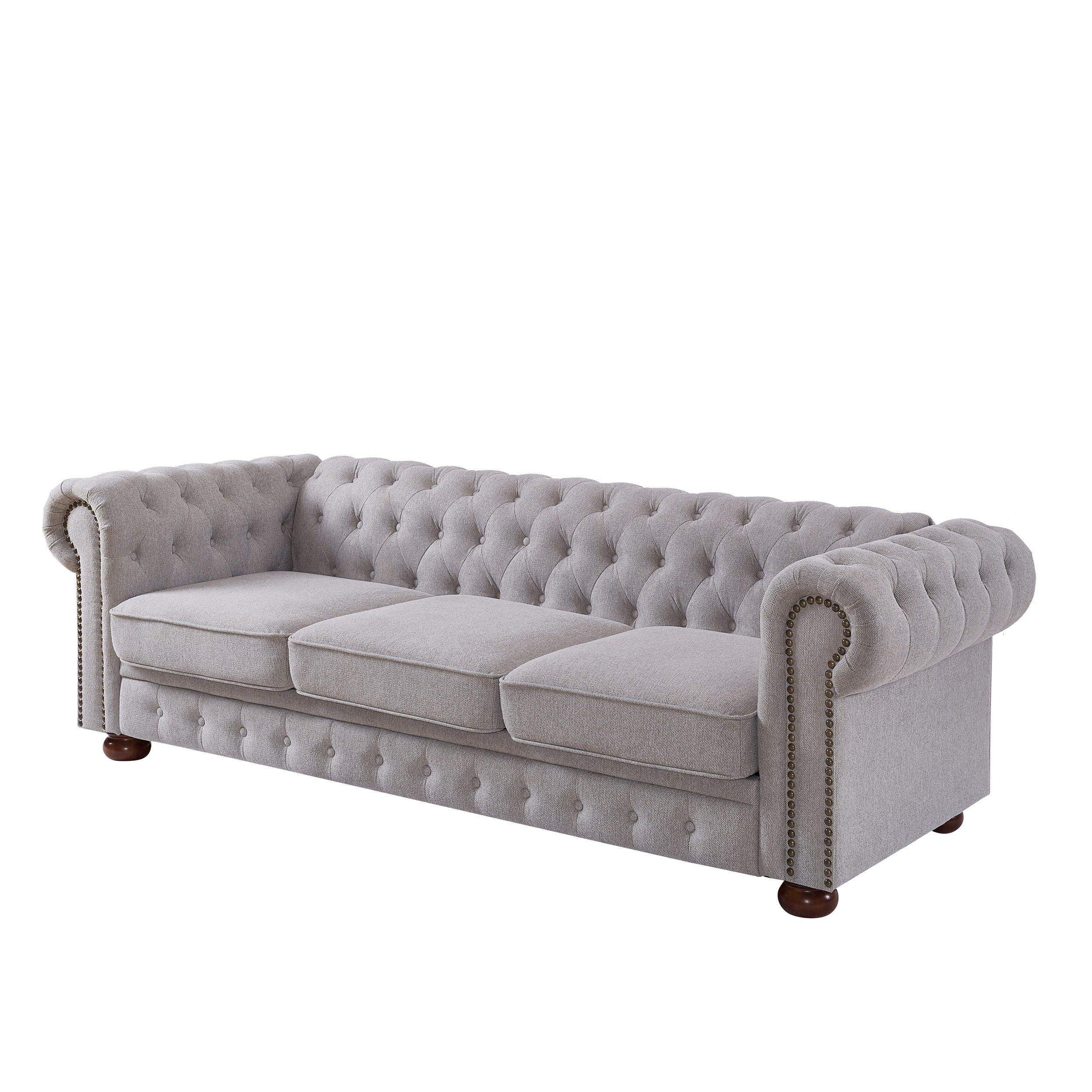 Chesterfield sofa in linen fabric (Light Grey) LamCham