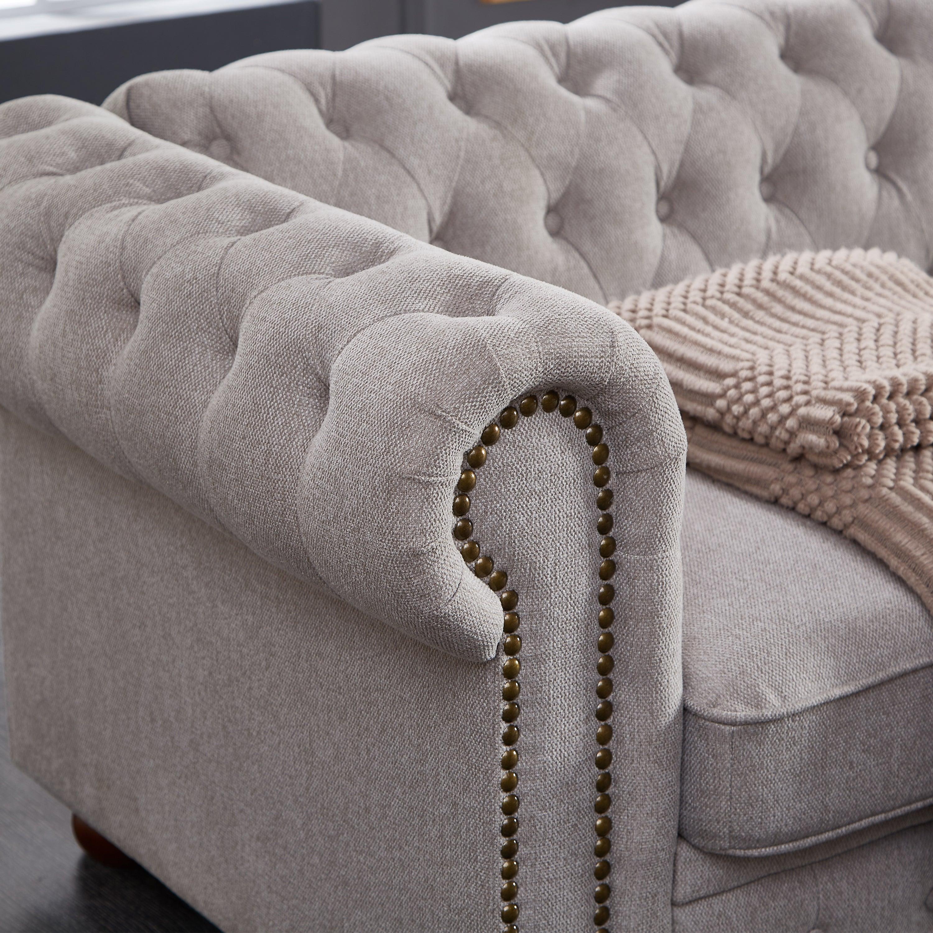 Chesterfield sofa in linen fabric (Light Grey) LamCham