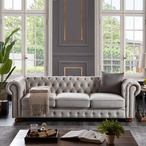 Chesterfield sofa in linen fabric (Light Grey) LamCham