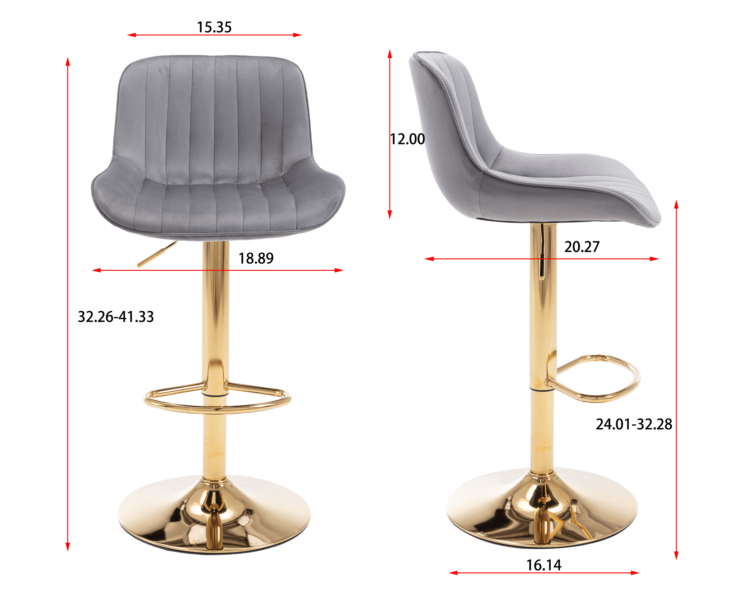Chrome Footrest and Base Swivel Height Adjustable Mechanical Lifting Velvet + Golden Leg Simple Bar Stool, Set of 2, Grey LamCham