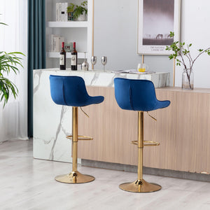 Chrome Footrest and Base Swivel Height Adjustable Mechanical Lifting Velvet + Golden Leg Simple Bar Stool, Set of 2, Navy LamCham