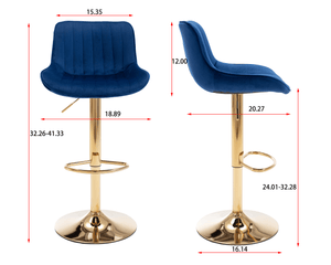 Chrome Footrest and Base Swivel Height Adjustable Mechanical Lifting Velvet + Golden Leg Simple Bar Stool, Set of 2, Navy LamCham