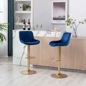 Chrome Footrest and Base Swivel Height Adjustable Mechanical Lifting Velvet + Golden Leg Simple Bar Stool, Set of 2, Navy LamCham