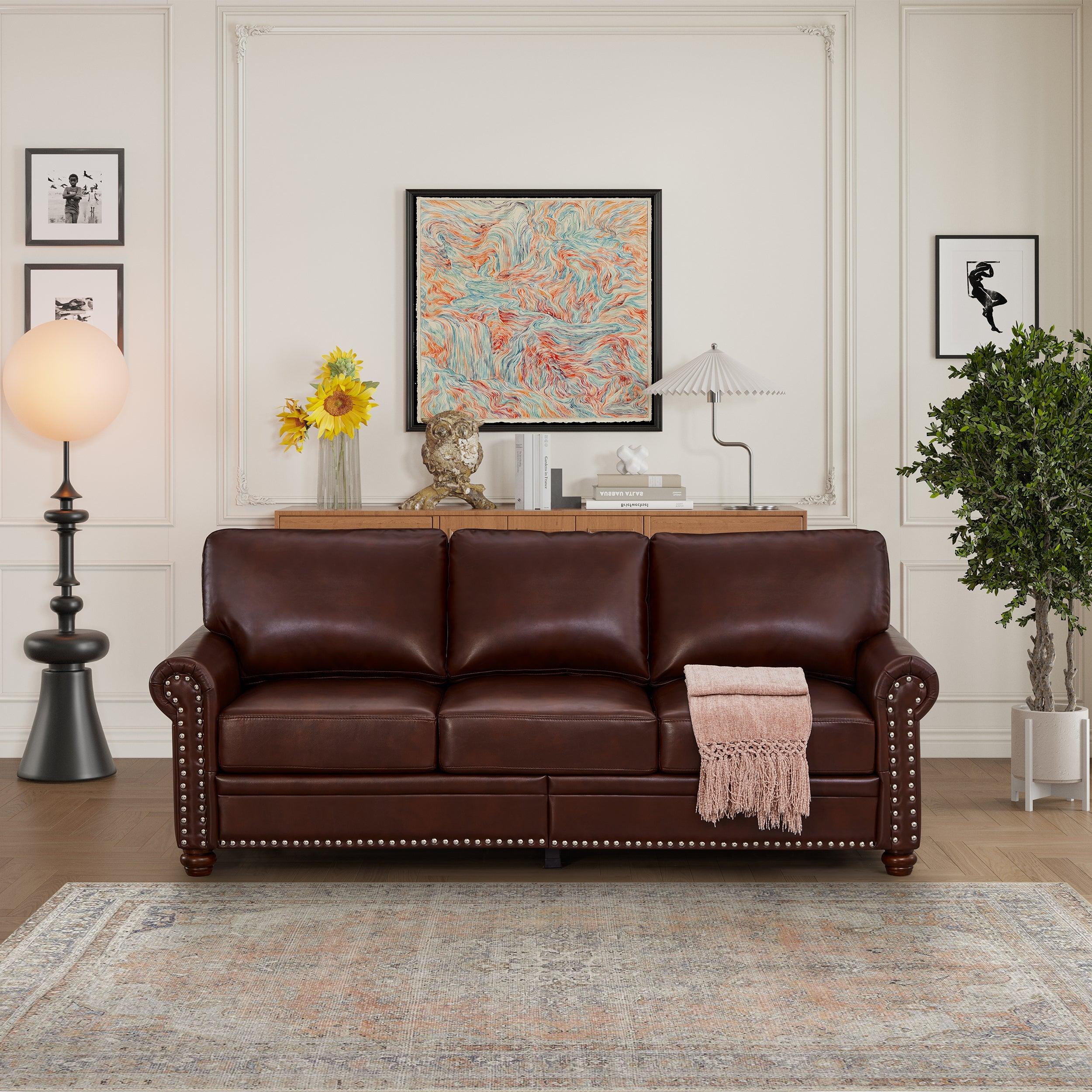 Classic Living Room Nails Sofa Burgundy Faux Leather LamCham