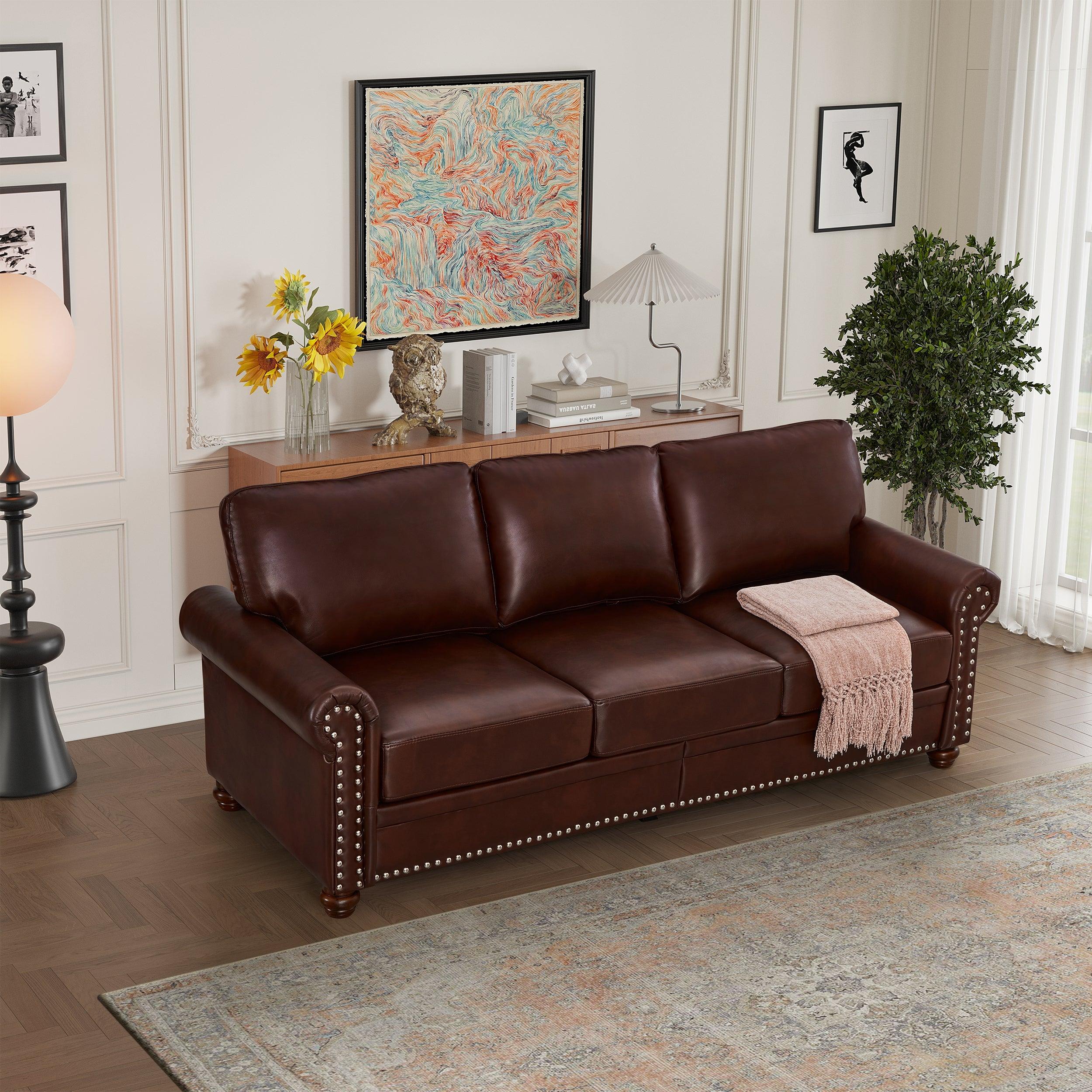 Classic Living Room Nails Sofa Burgundy Faux Leather LamCham