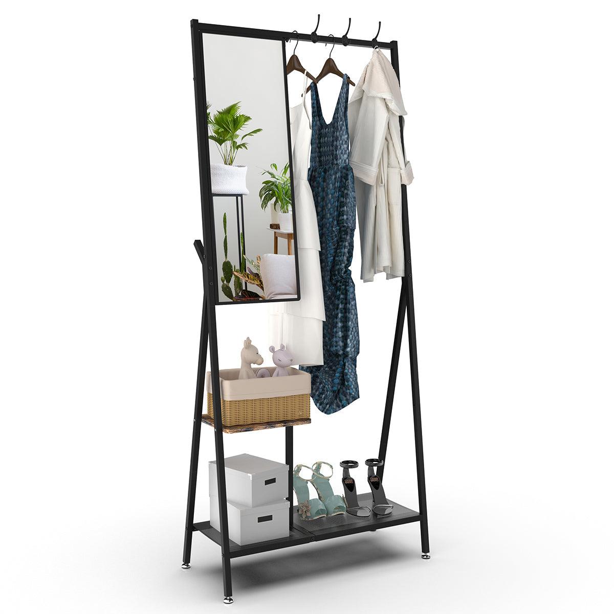 Coat Rack with Mirror, Multifunctional Hall Tree with Shoe Storage,  Aluminum Frame, for Living Room Bedroom 73x32x15 Inches, Industrial Style, Rustic Brown and Black LamCham