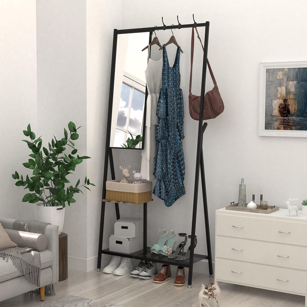 Coat Rack with Mirror, Multifunctional Hall Tree with Shoe Storage,  Aluminum Frame, for Living Room Bedroom 73x32x15 Inches, Industrial Style, Rustic Brown and Black LamCham