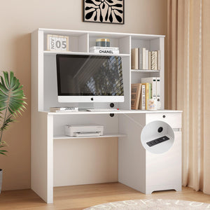 Computer Desk With Hutch & Bookshelf, Wood Executive Desk Teens Student Desk Writing Laptop Home Office Desk With Drawers, 3 AC Outlets And 2 USB Charging Ports, Study Laptop Table For Home(White) LamCham