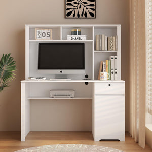 Computer Desk With Hutch & Bookshelf, Wood Executive Desk Teens Student Desk Writing Laptop Home Office Desk With Drawers, 3 AC Outlets And 2 USB Charging Ports, Study Laptop Table For Home(White) LamCham