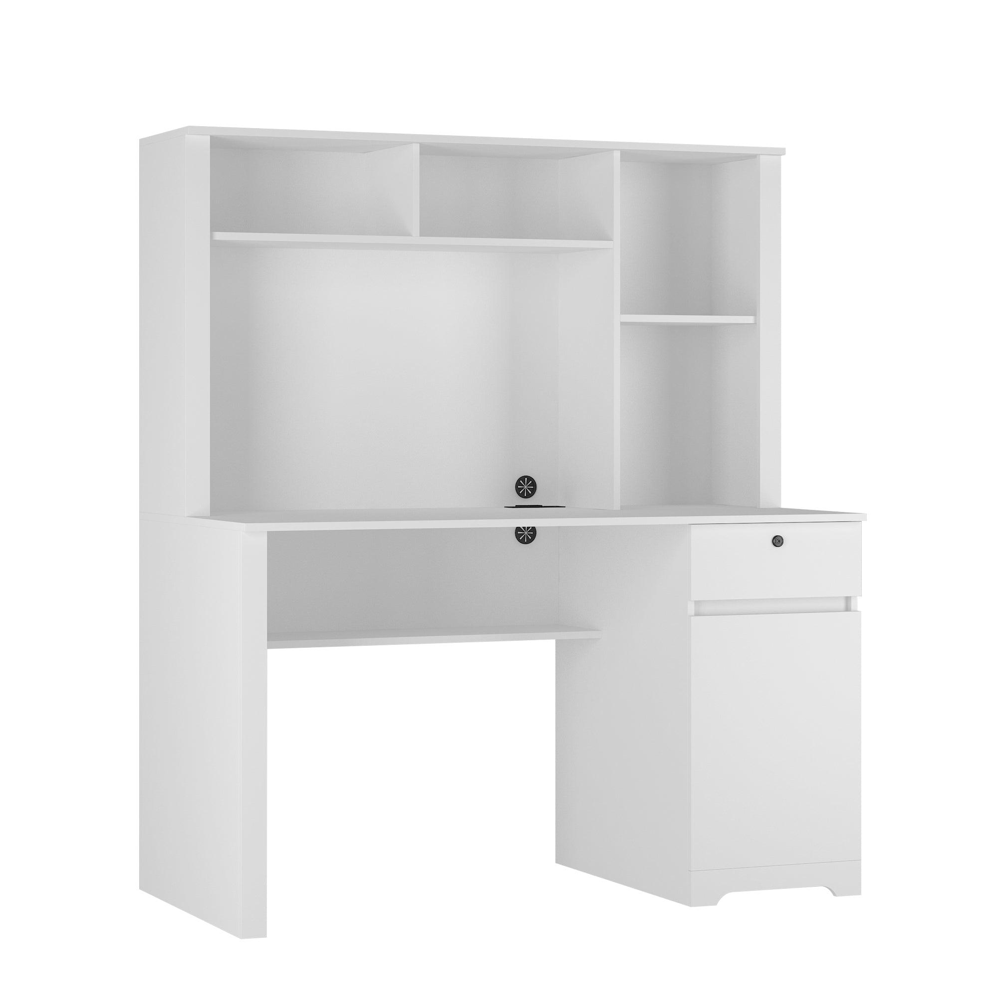 Computer Desk With Hutch & Bookshelf, Wood Executive Desk Teens Student Desk Writing Laptop Home Office Desk With Drawers, 3 AC Outlets And 2 USB Charging Ports, Study Laptop Table For Home(White) LamCham