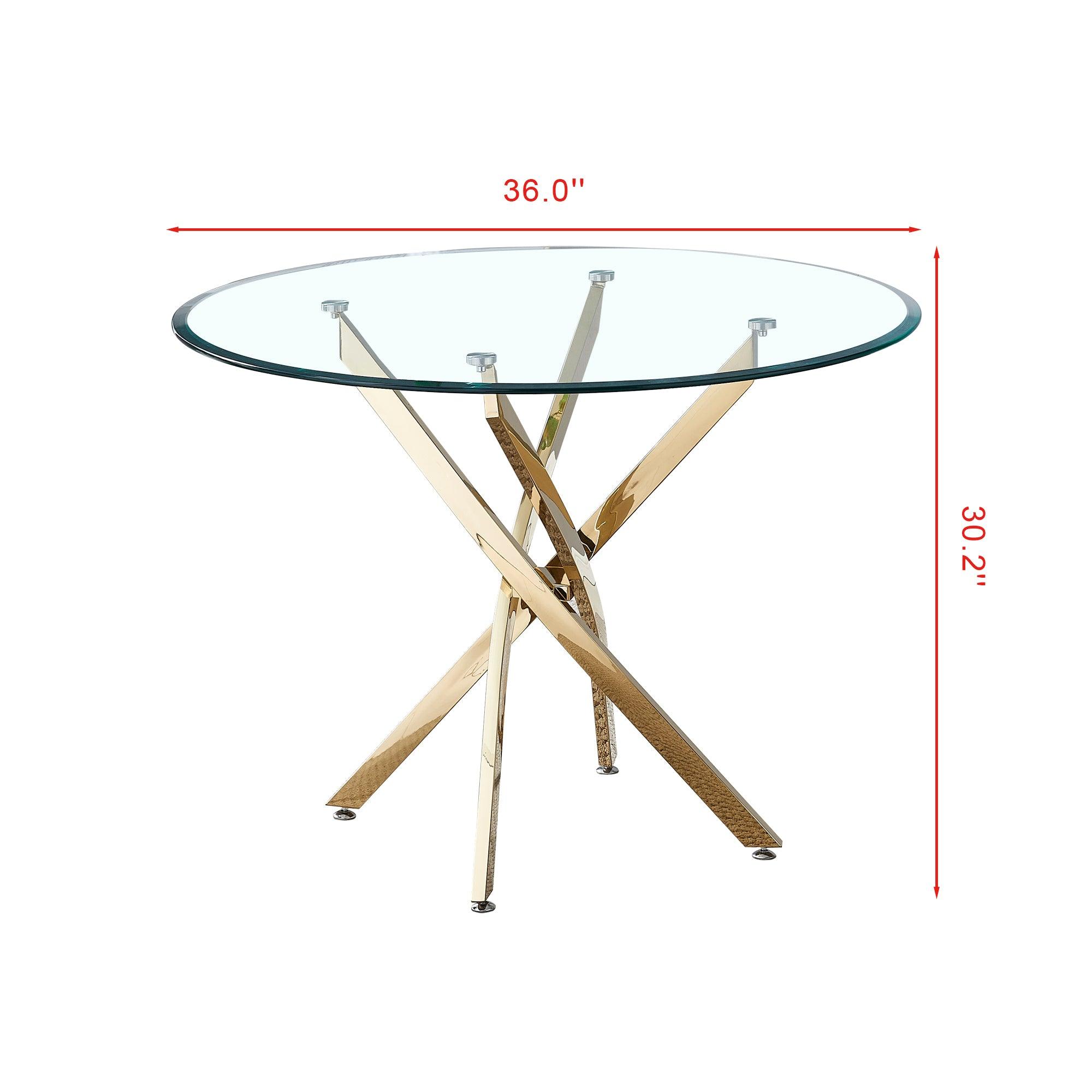 Contemporary Round Clear Dining Tempered Glass Table with Gold Finish Stainless Steel Legs LamCham