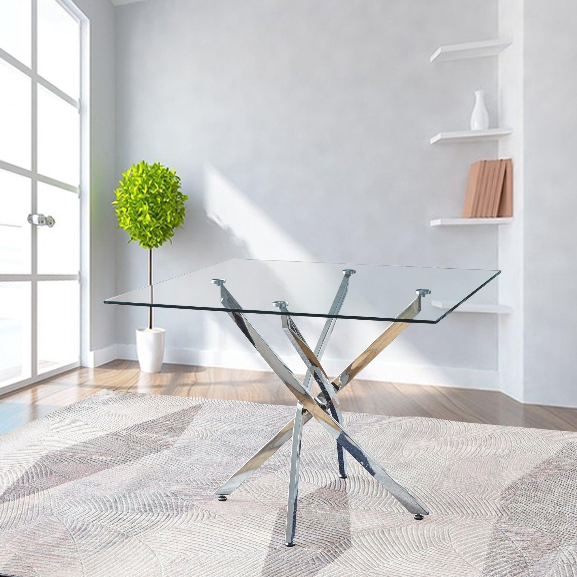 Contemporary Square Clear Dining Tempered Glass Table with Silver Finish Stainless Steel Legs LamCham