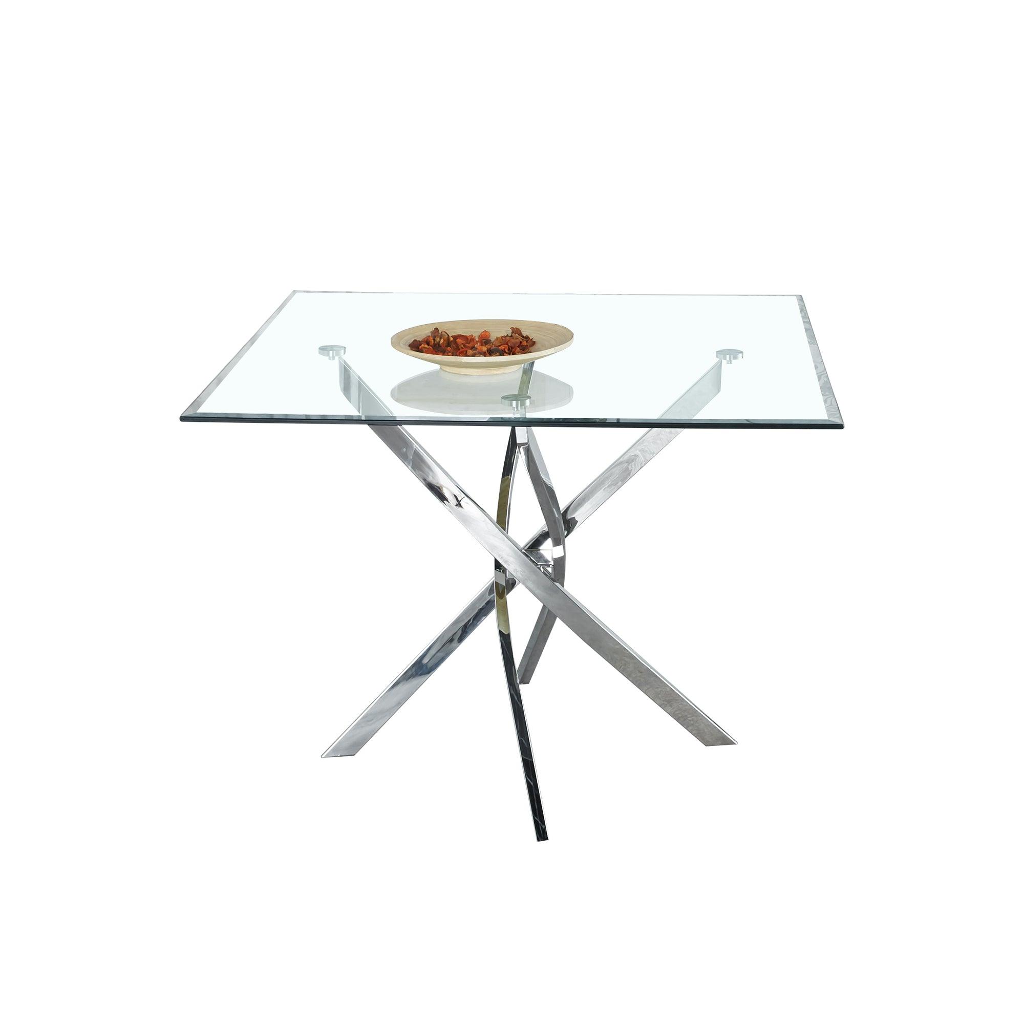 Contemporary Square Clear Dining Tempered Glass Table with Silver Finish Stainless Steel Legs LamCham