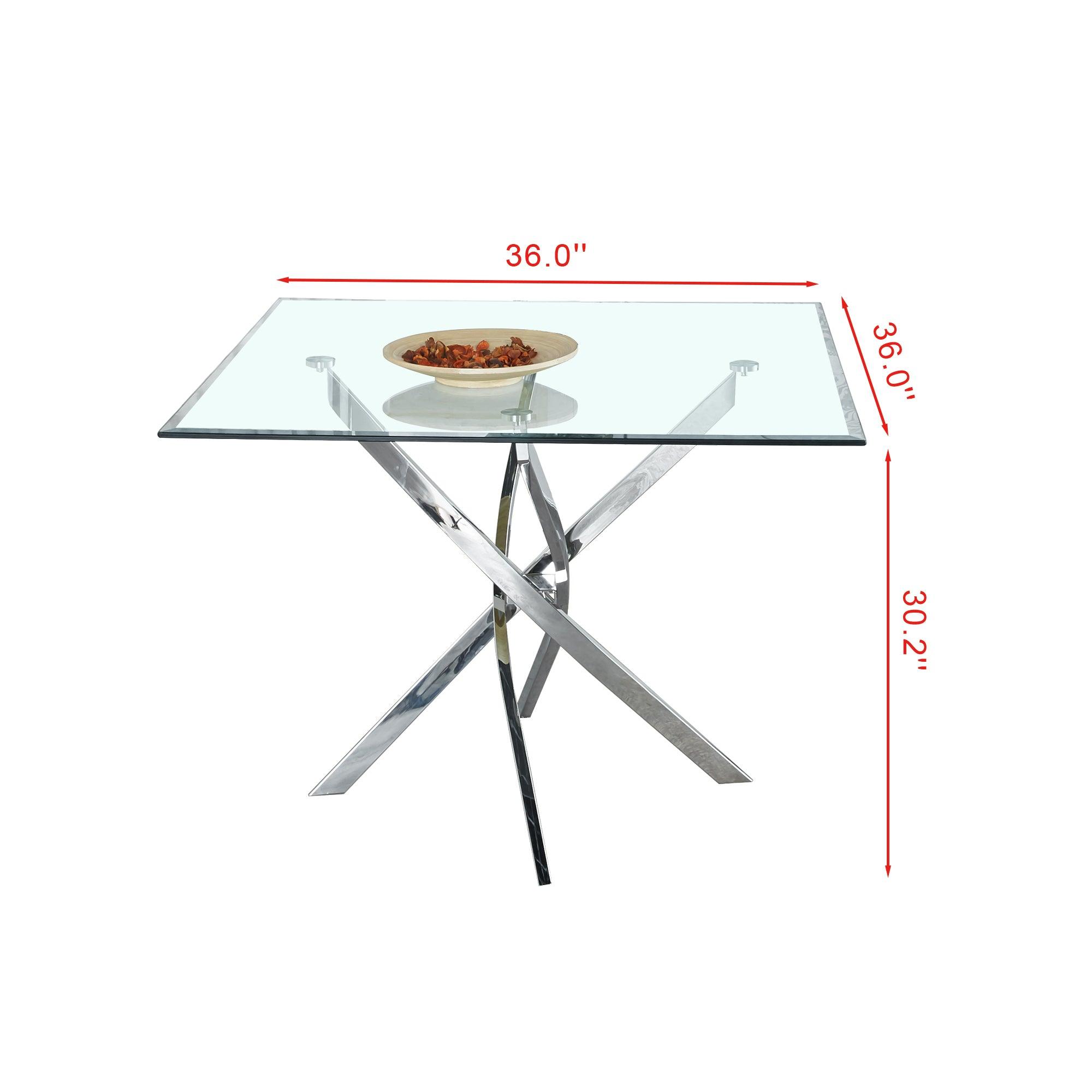 Contemporary Square Clear Dining Tempered Glass Table with Silver Finish Stainless Steel Legs LamCham