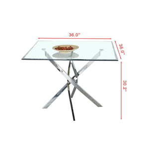 Contemporary Square Clear Dining Tempered Glass Table with Silver Finish Stainless Steel Legs LamCham