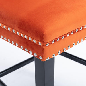 Contemporary Velvet Upholstered Barstools with Button Tufted Decoration and Wooden Legs, and Chrome Nailhead Trim, Leisure Style Bar Chairs, Bar stools, Set of 2 (Orange) LamCham