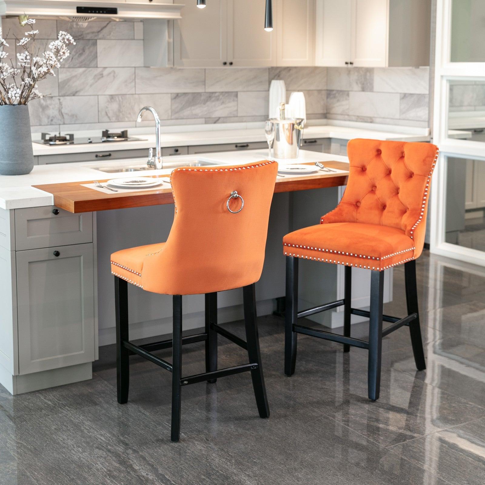 Contemporary Velvet Upholstered Barstools with Button Tufted Decoration and Wooden Legs, and Chrome Nailhead Trim, Leisure Style Bar Chairs, Bar stools, Set of 2 (Orange) LamCham
