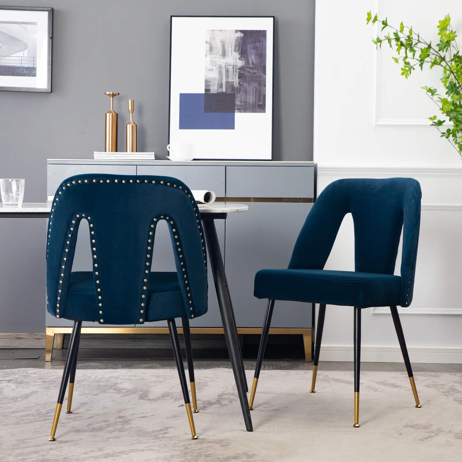 Contemporary Velvet Upholstered Dining Chair With Nailheads And Gold Tipped Black Metal Legs, Blue, Set Of 2 LamCham