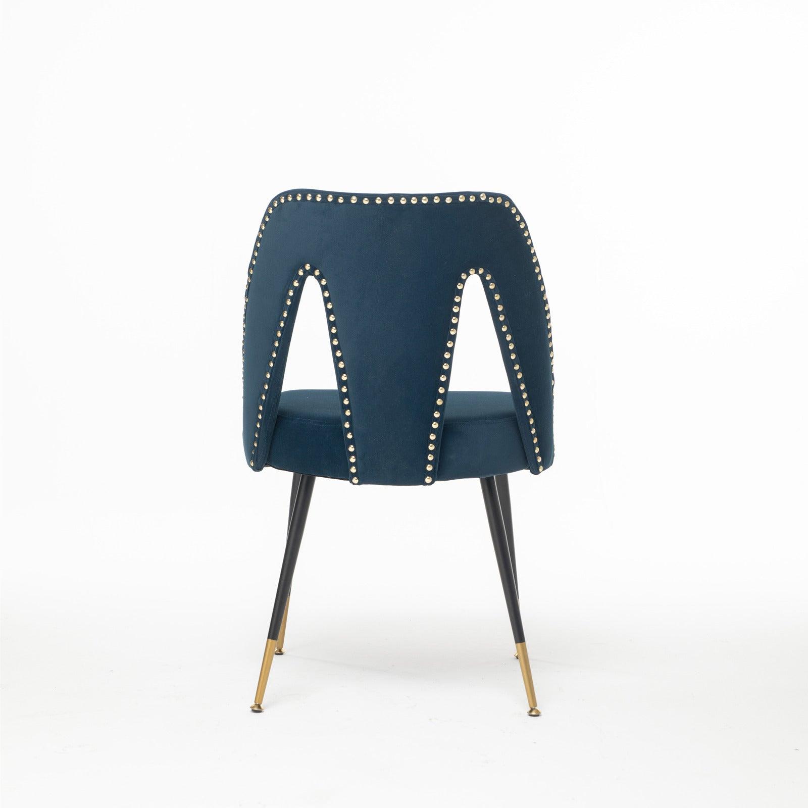 Contemporary Velvet Upholstered Dining Chair With Nailheads And Gold Tipped Black Metal Legs, Blue, Set Of 2 LamCham