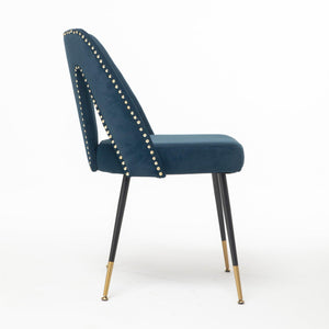 Contemporary Velvet Upholstered Dining Chair With Nailheads And Gold Tipped Black Metal Legs, Blue, Set Of 2 LamCham