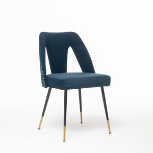 Contemporary Velvet Upholstered Dining Chair With Nailheads And Gold Tipped Black Metal Legs, Blue, Set Of 2 LamCham