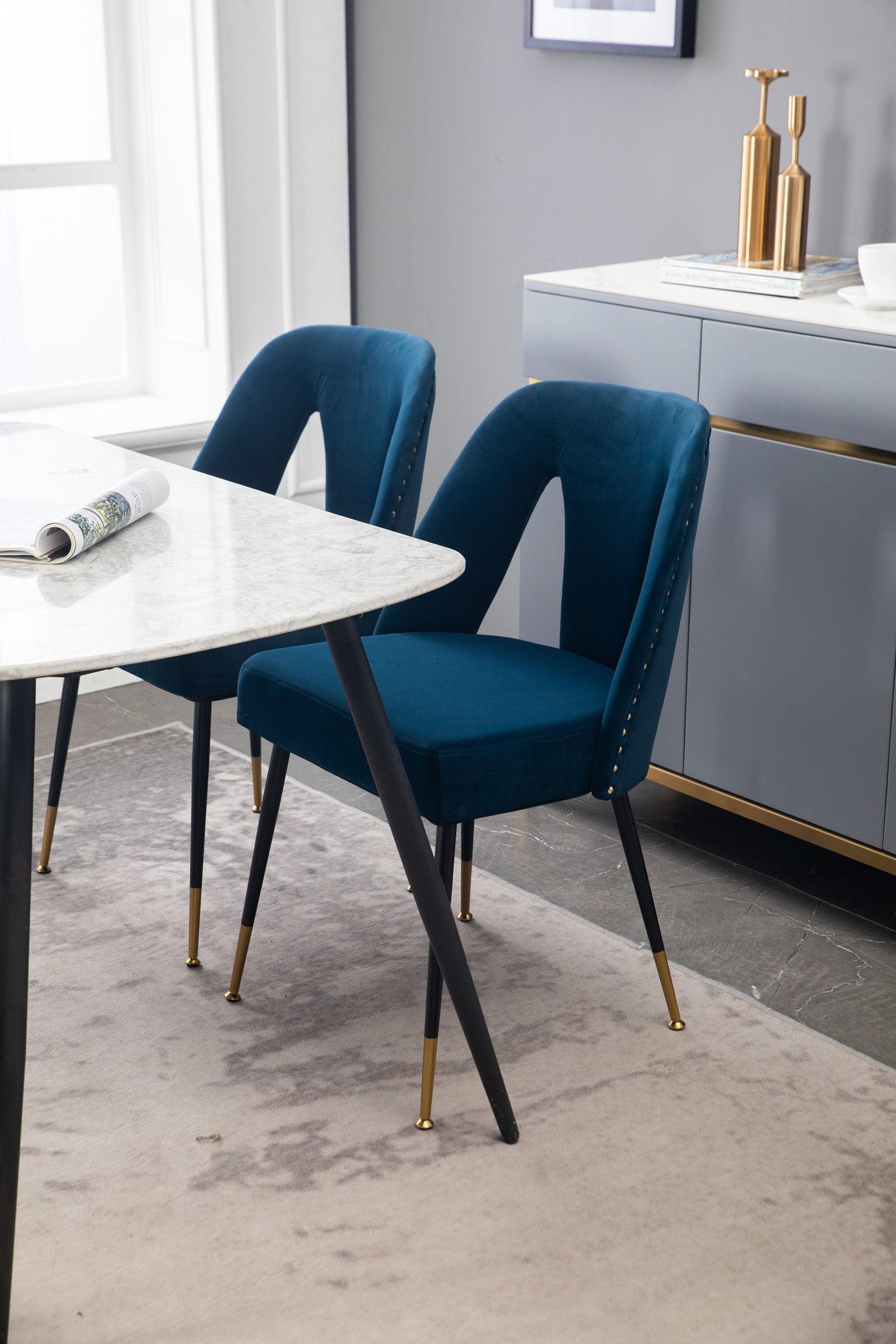 Contemporary Velvet Upholstered Dining Chair With Nailheads And Gold Tipped Black Metal Legs, Blue, Set Of 2 LamCham