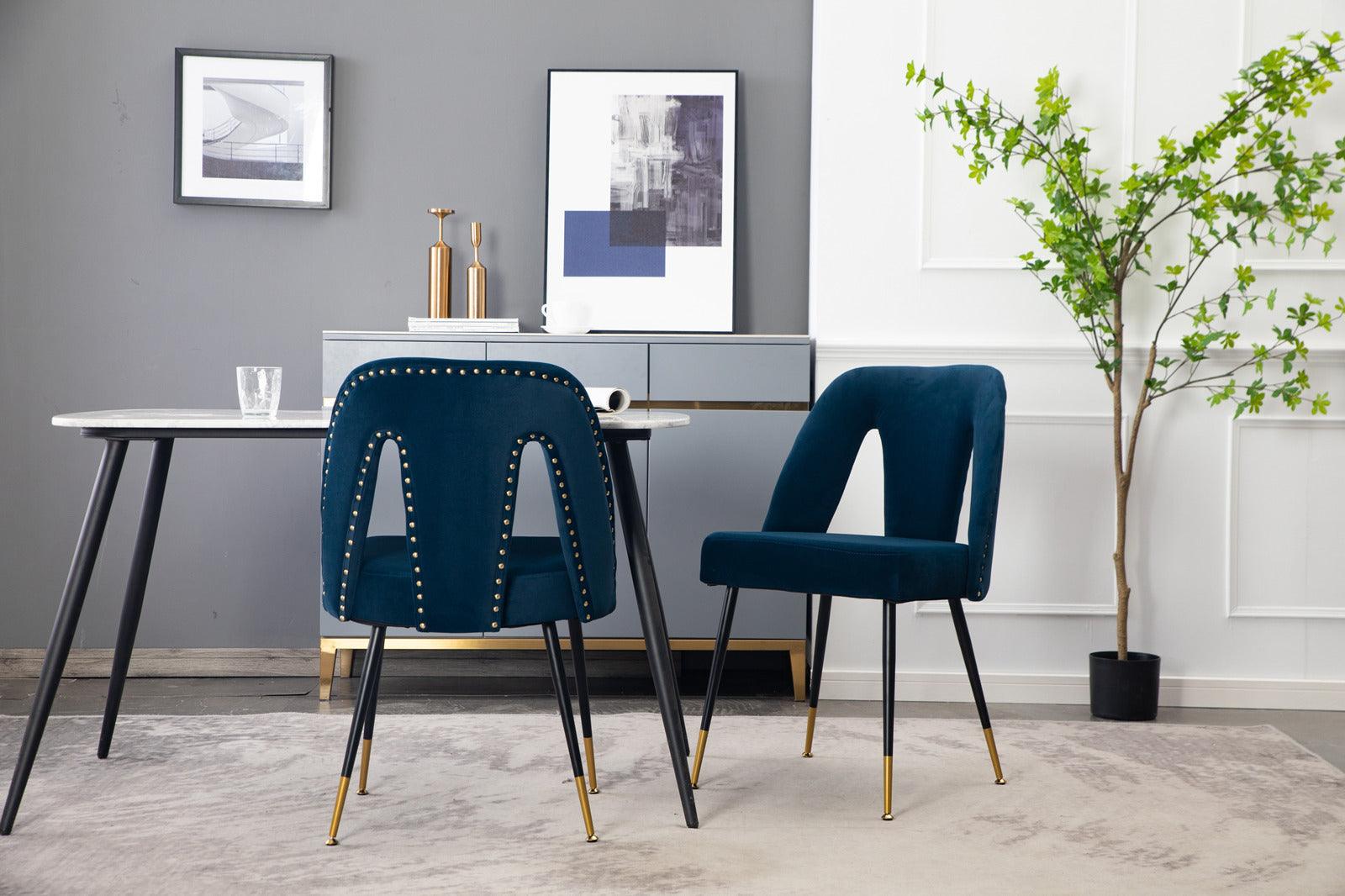 Contemporary Velvet Upholstered Dining Chair With Nailheads And Gold Tipped Black Metal Legs, Blue, Set Of 2 LamCham