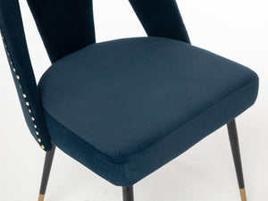 Contemporary Velvet Upholstered Dining Chair With Nailheads And Gold Tipped Black Metal Legs, Blue, Set Of 2 LamCham