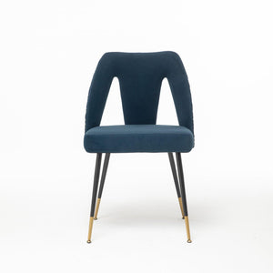 Contemporary Velvet Upholstered Dining Chair With Nailheads And Gold Tipped Black Metal Legs, Blue, Set Of 2 LamCham