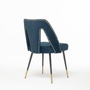 Contemporary Velvet Upholstered Dining Chair With Nailheads And Gold Tipped Black Metal Legs, Blue, Set Of 2 LamCham