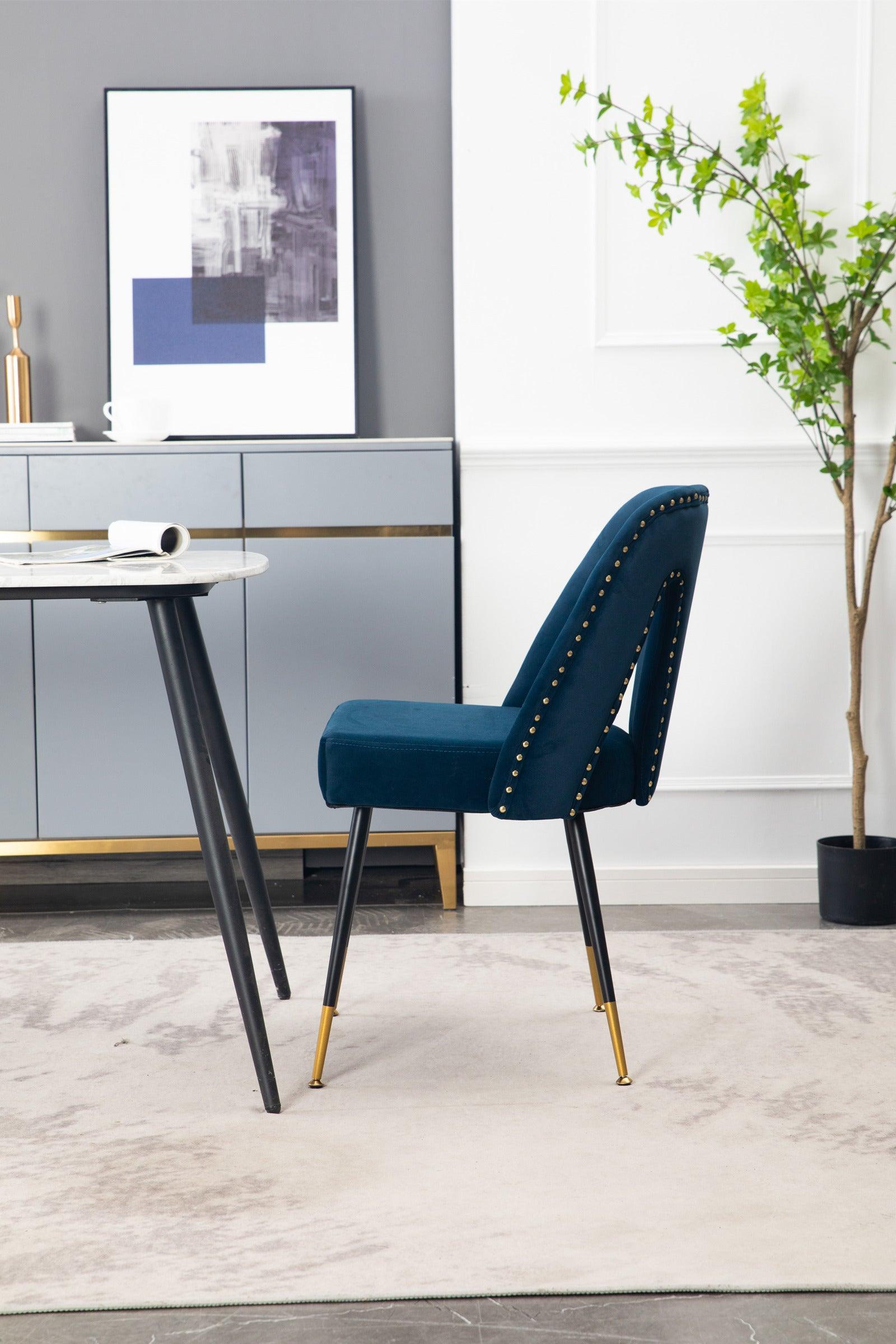 Contemporary Velvet Upholstered Dining Chair With Nailheads And Gold Tipped Black Metal Legs, Blue, Set Of 2 LamCham