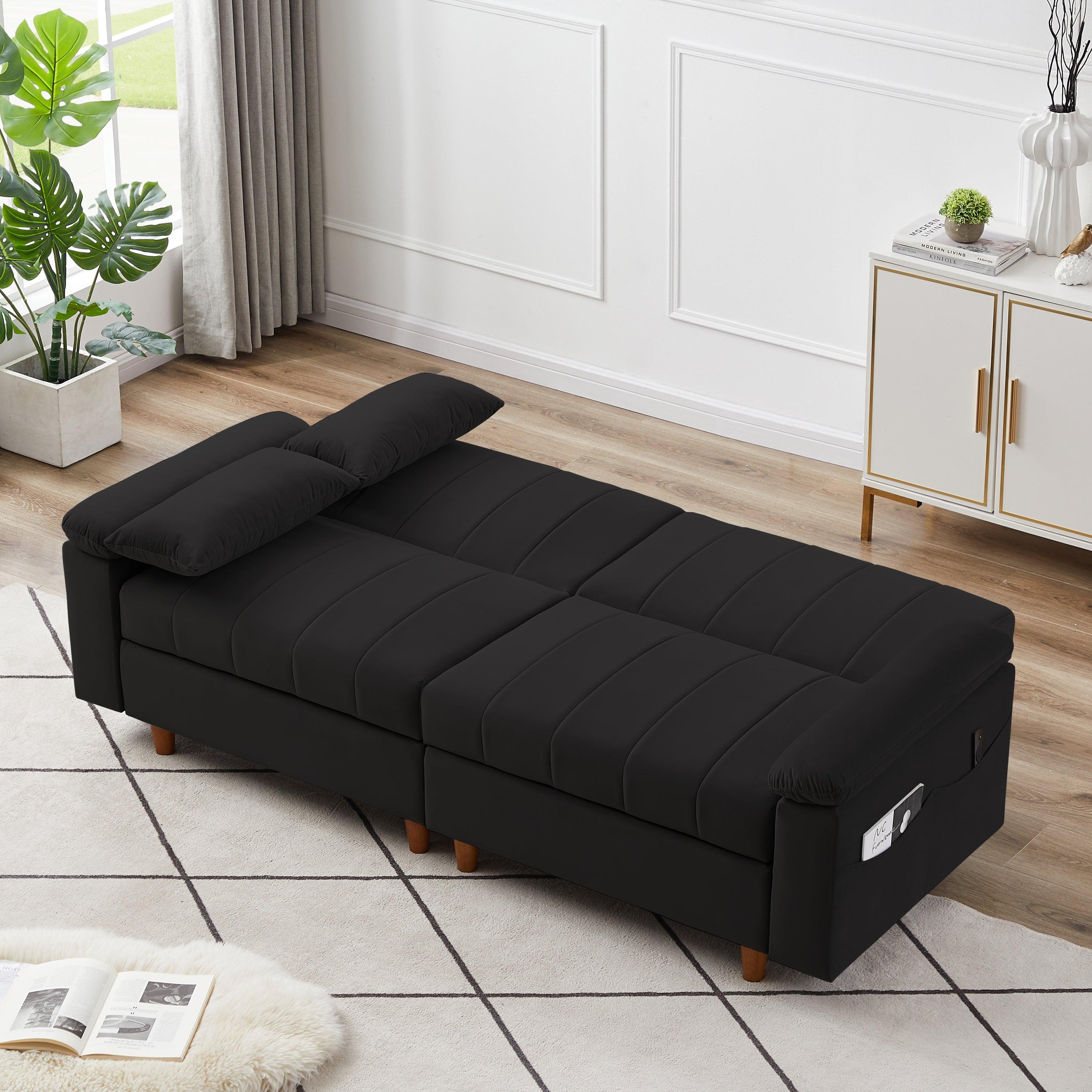 Convertible Comfortable Sleeper Velvet Sofa Couch with Storage for Living Room Bedroom Futon loveseat Sofabed  Black LamCham