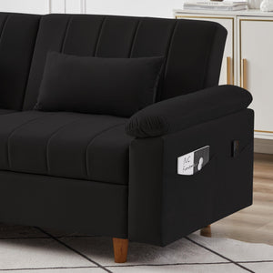 Convertible Comfortable Sleeper Velvet Sofa Couch with Storage for Living Room Bedroom Futon loveseat Sofabed  Black LamCham