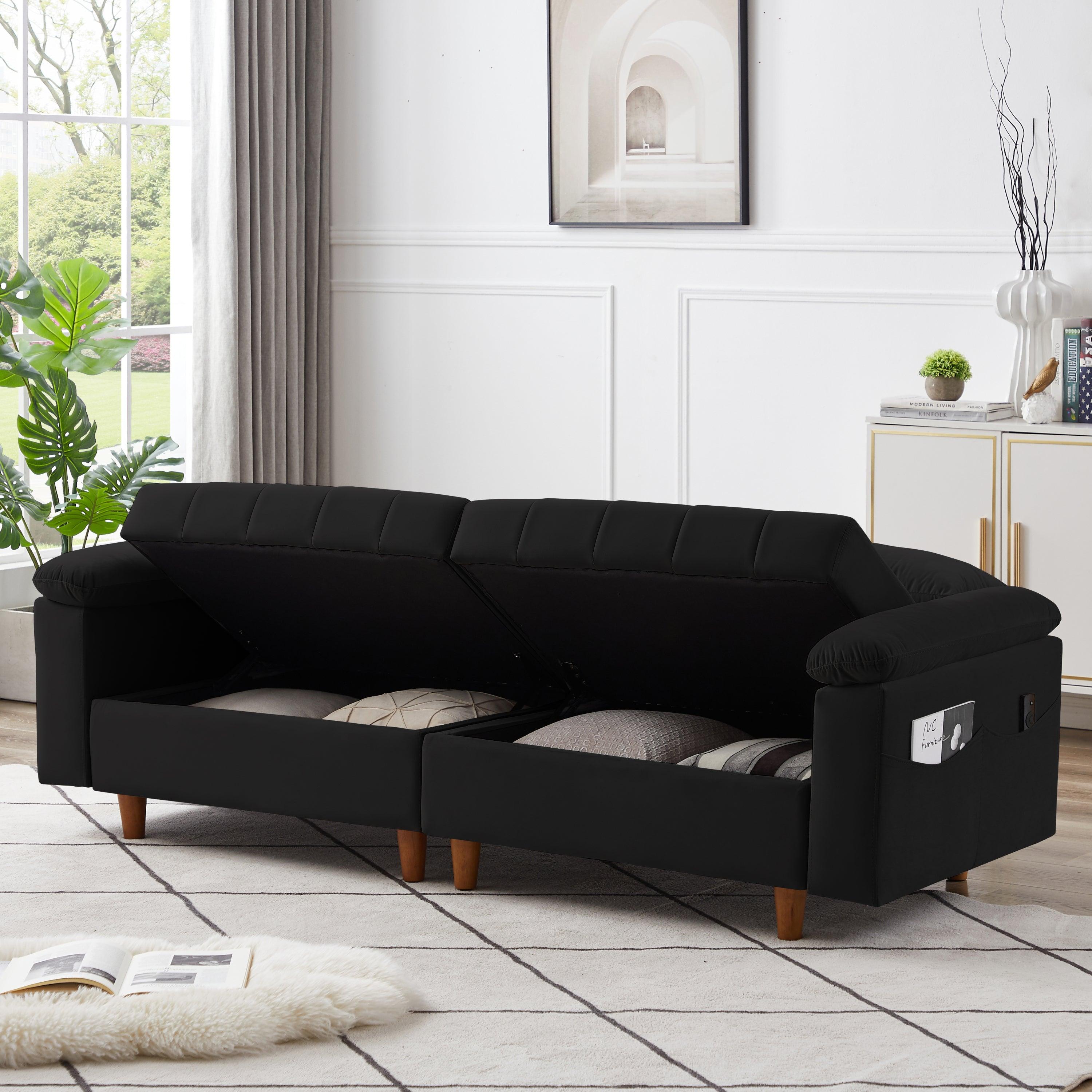 Convertible Comfortable Sleeper Velvet Sofa Couch with Storage for Living Room Bedroom Futon loveseat Sofabed  Black LamCham