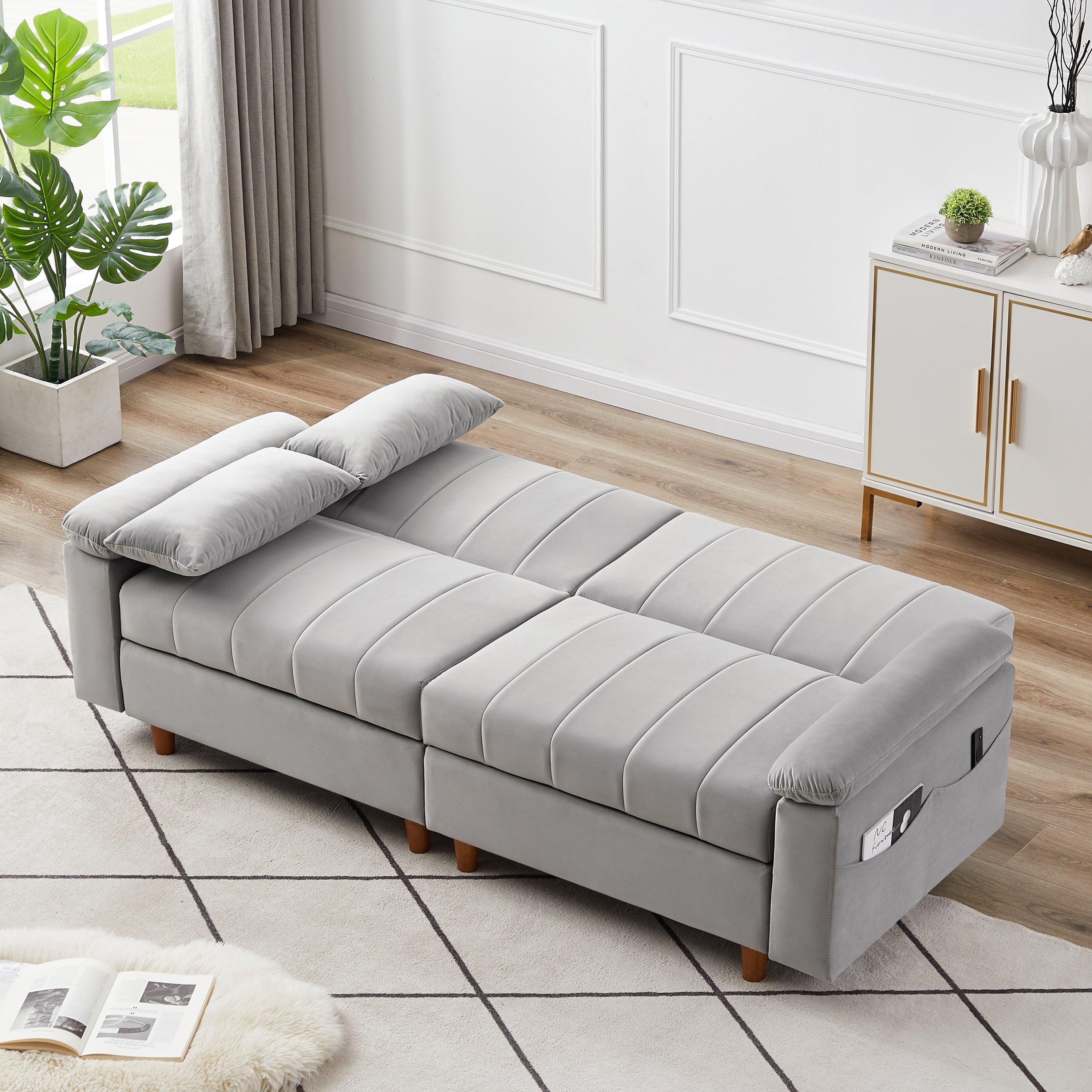 Convertible Comfortable Sleeper Velvet Sofa Couch with Storage for for Living Room Bedroom Futon loveseat Sofabed  Gray LamCham