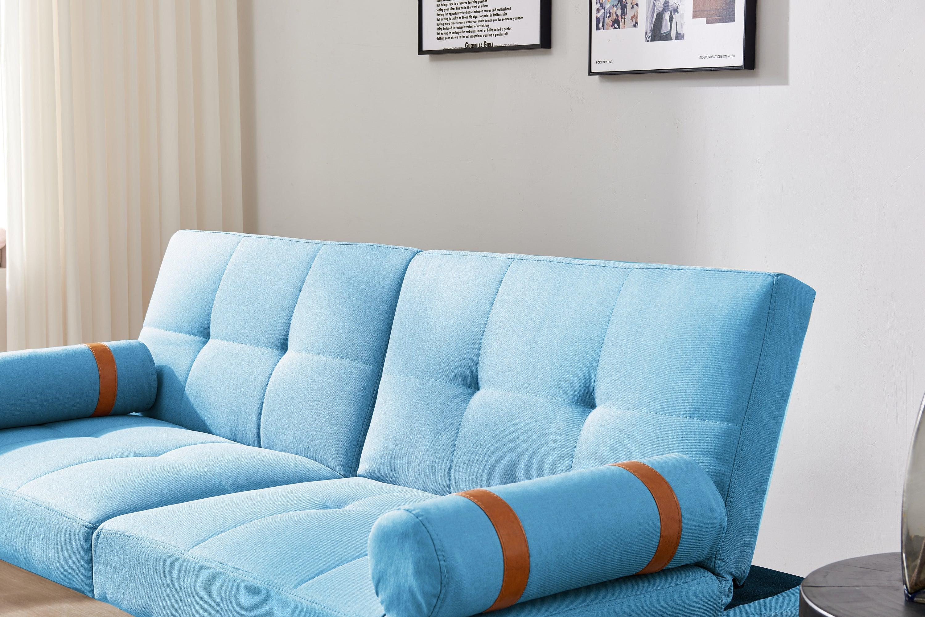 Convertible Sofa Bed Futon with Solid Wood Legs Linen Fabric, Blue LamCham