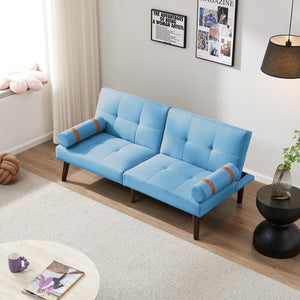 Convertible Sofa Bed Futon with Solid Wood Legs Linen Fabric, Blue LamCham