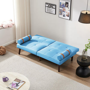 Convertible Sofa Bed Futon with Solid Wood Legs Linen Fabric, Blue LamCham