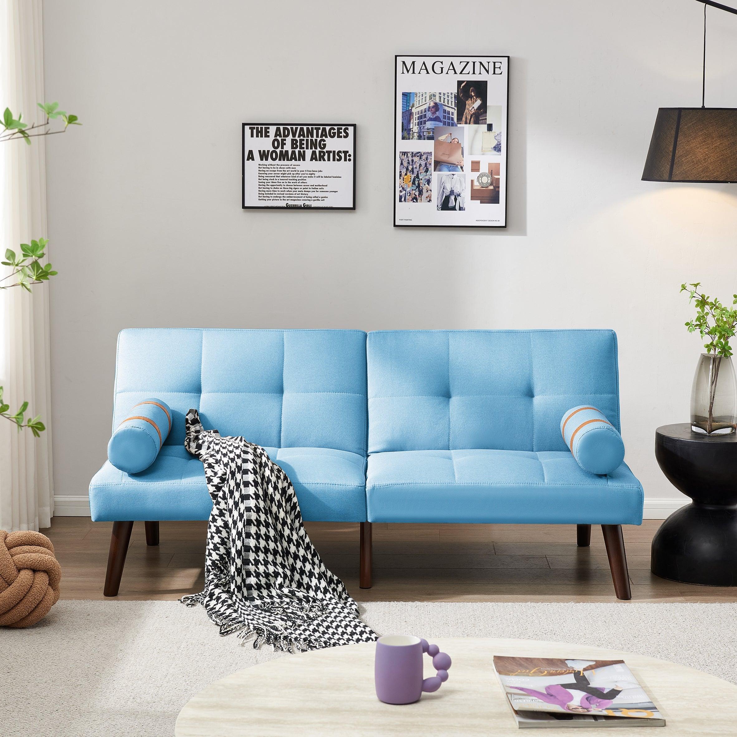 Convertible Sofa Bed Futon with Solid Wood Legs Linen Fabric, Blue LamCham