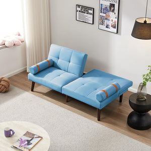 Convertible Sofa Bed Futon with Solid Wood Legs Linen Fabric, Blue LamCham