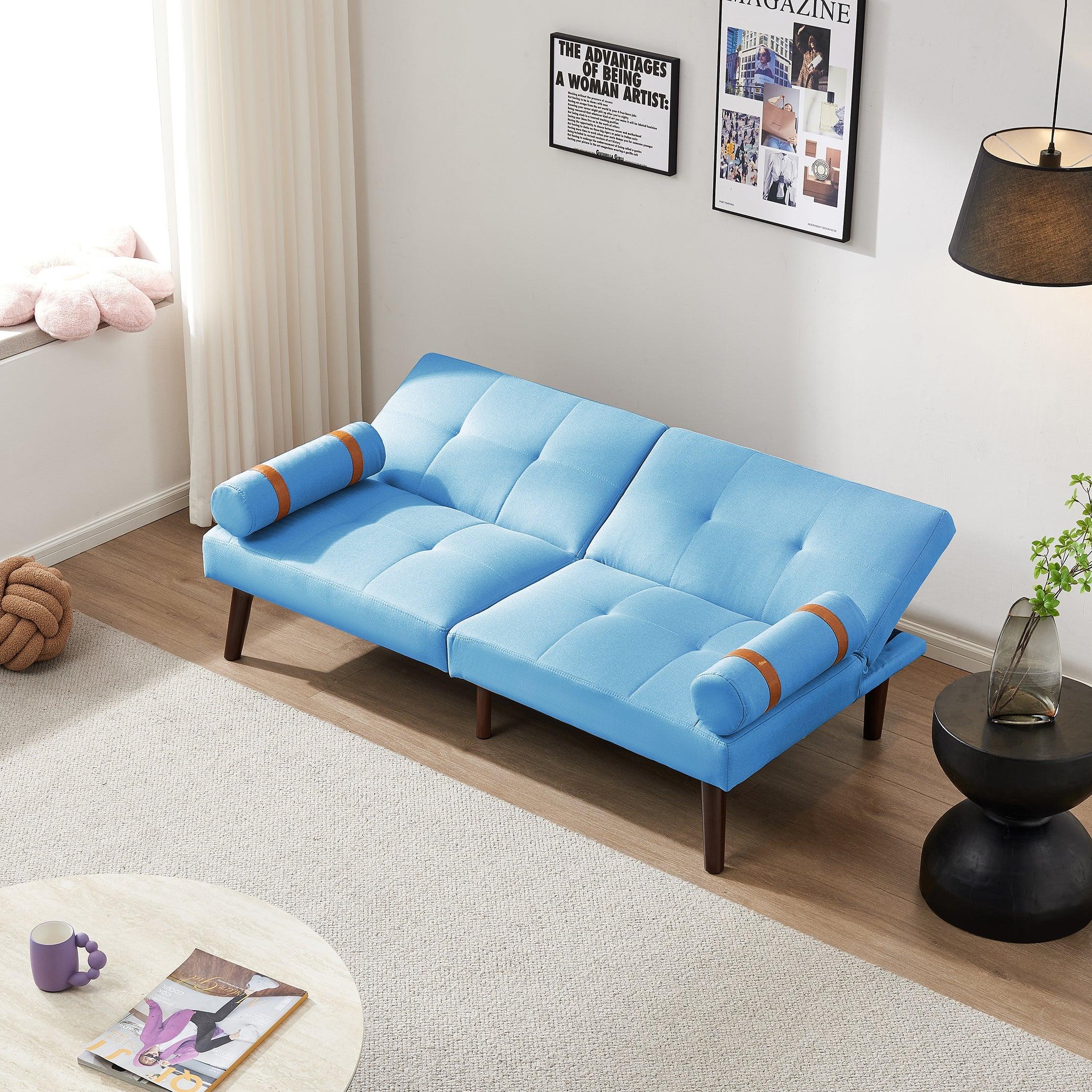 Convertible Sofa Bed Futon with Solid Wood Legs Linen Fabric, Blue LamCham